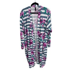Piphany XL Blue Floral Striped Cardigan Women's Long Sleeve Open Front